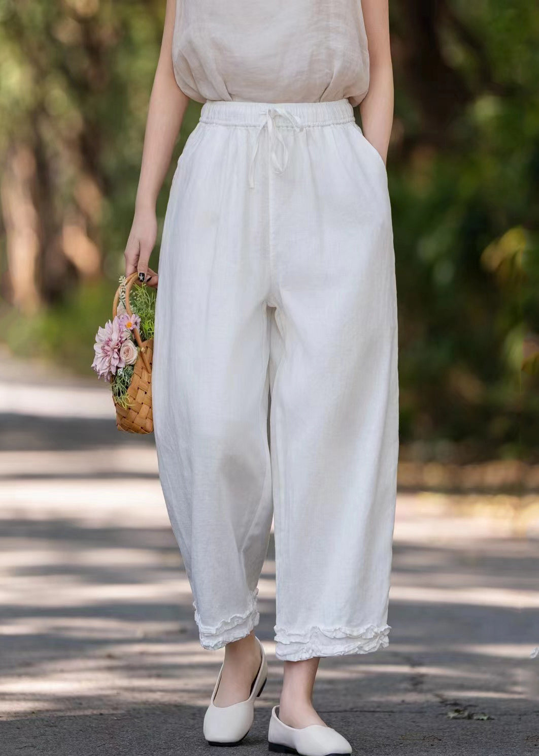 Linen Purple Solid Pockets Wide Pants Ruffled Leg Stylish