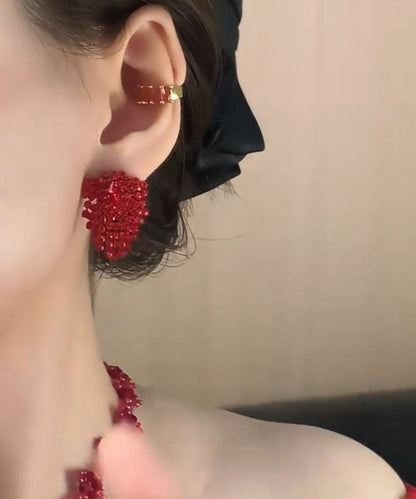 Zircon Earrings Stylish Stud Tassel Alloy Red