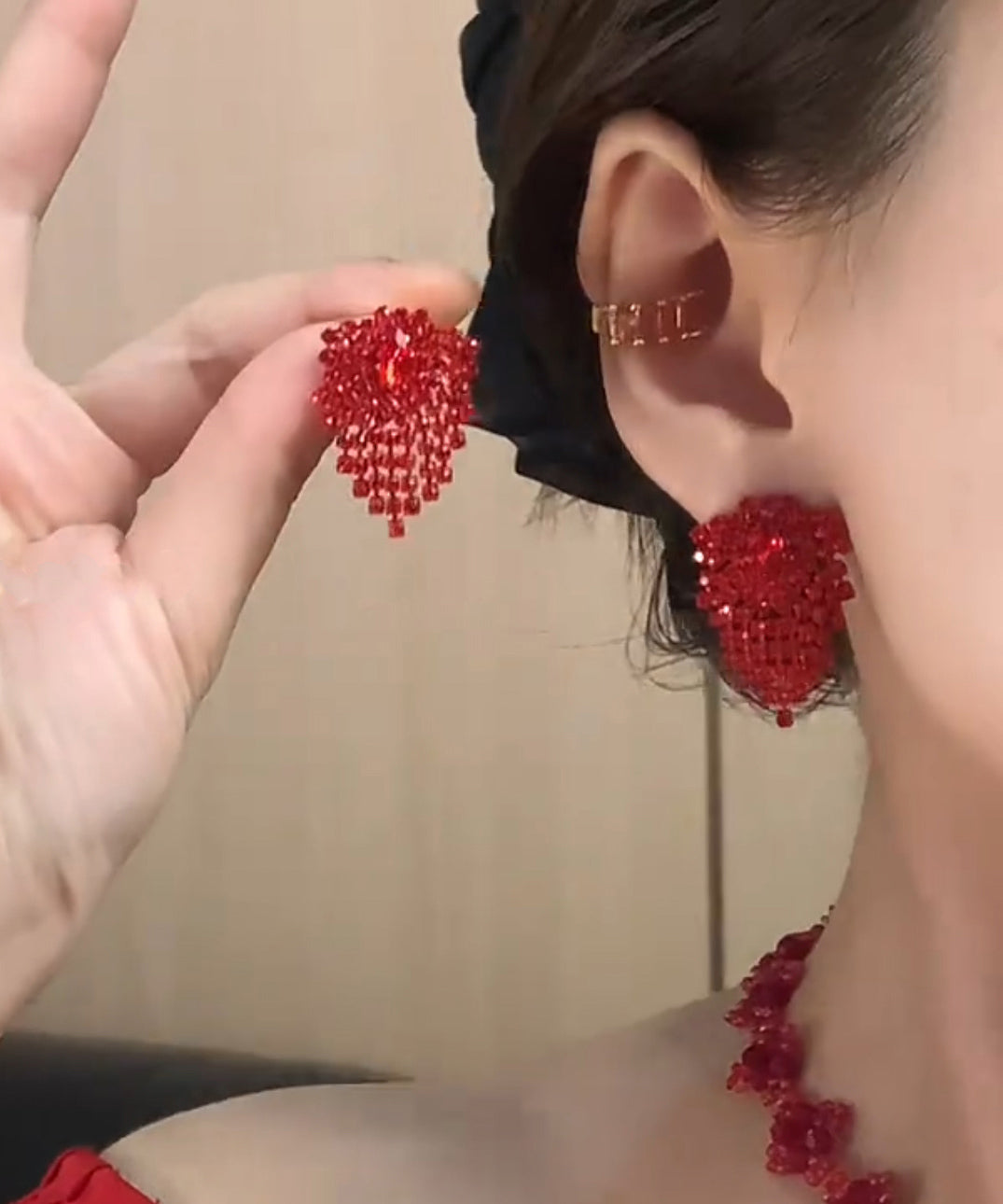 Zircon Earrings Stylish Stud Tassel Alloy Red