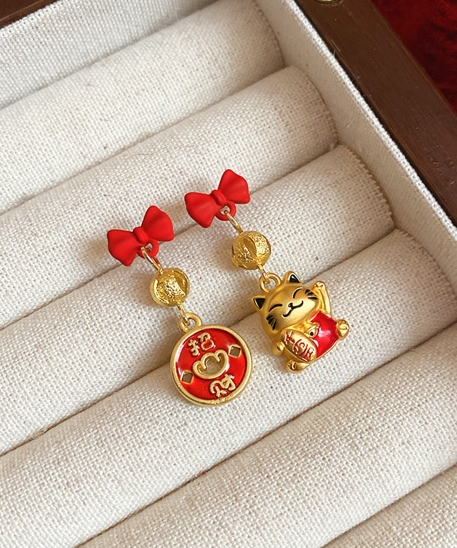 Stylish Red Copper Alloy Bow Enamel Lucky Cat Drop Earrings YD043