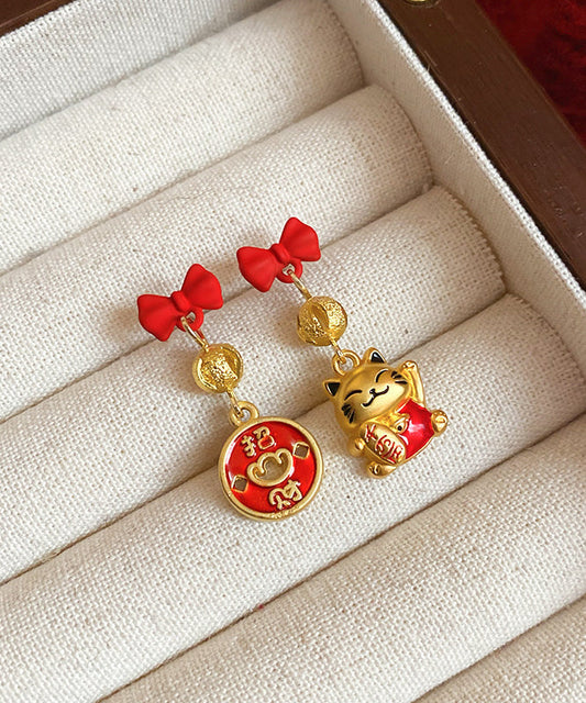 Stylish Red Copper Alloy Bow Enamel Lucky Cat Drop Earrings YD043