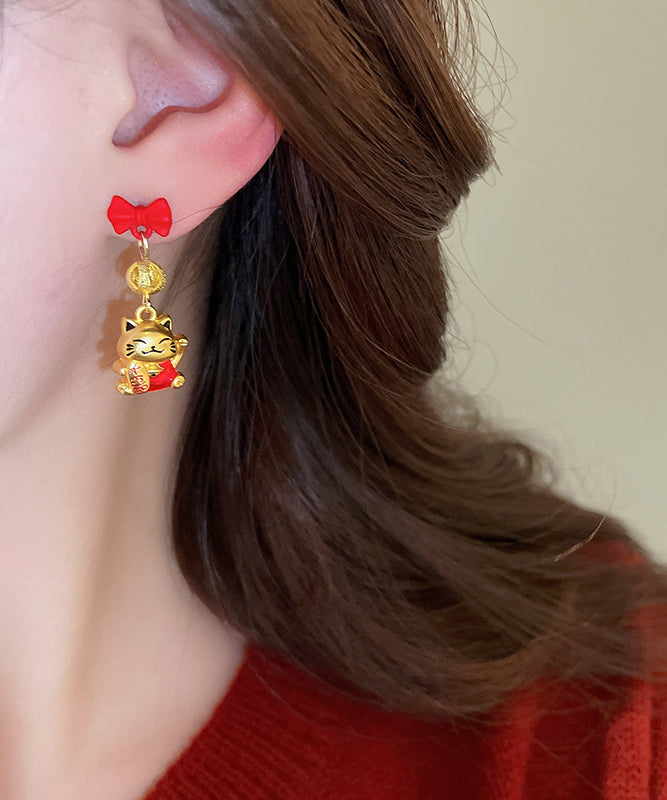 Stylish Red Copper Alloy Bow Enamel Lucky Cat Drop Earrings YD043