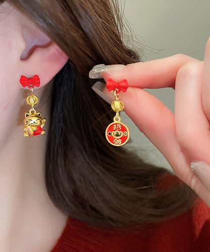 Stylish Red Copper Alloy Bow Enamel Lucky Cat Drop Earrings YD043
