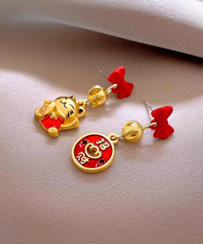Stylish Red Copper Alloy Bow Enamel Lucky Cat Drop Earrings YD043