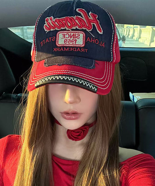 Denim Red Baseball Embroideried Cap Hat Stylish