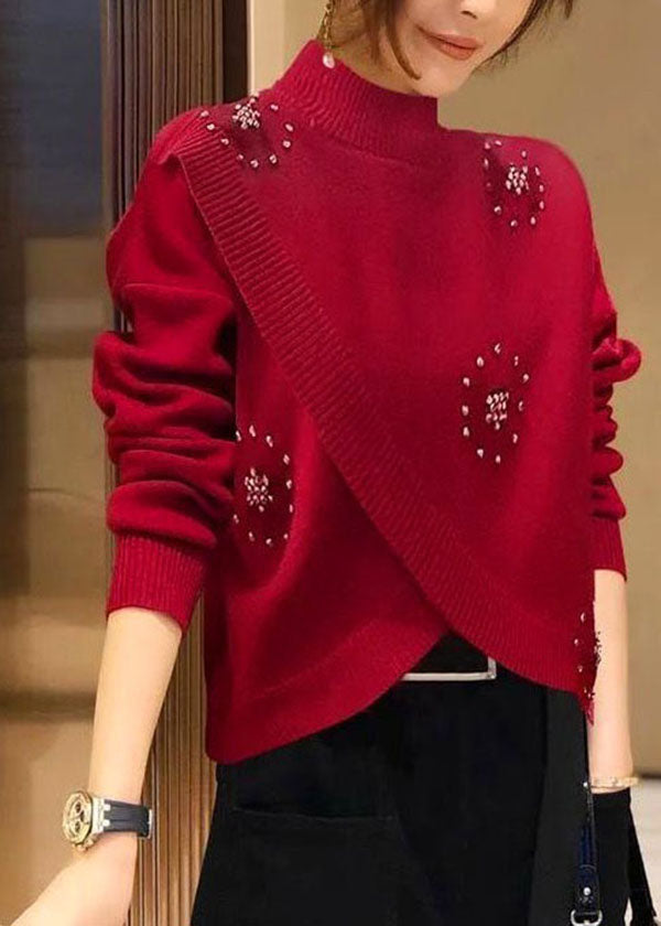 Stylish Red Hign Neck Nail Bead Woolen Knit Pullover Spring TZ041