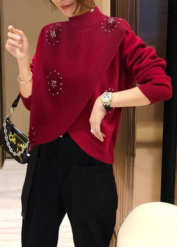 Stylish Red Hign Neck Nail Bead Woolen Knit Pullover Spring TZ041