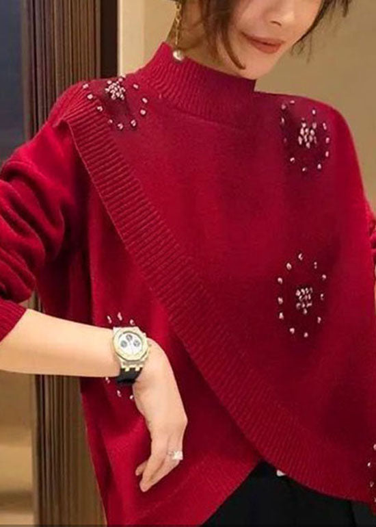 Stylish Red Hign Neck Nail Bead Woolen Knit Pullover Spring TZ041