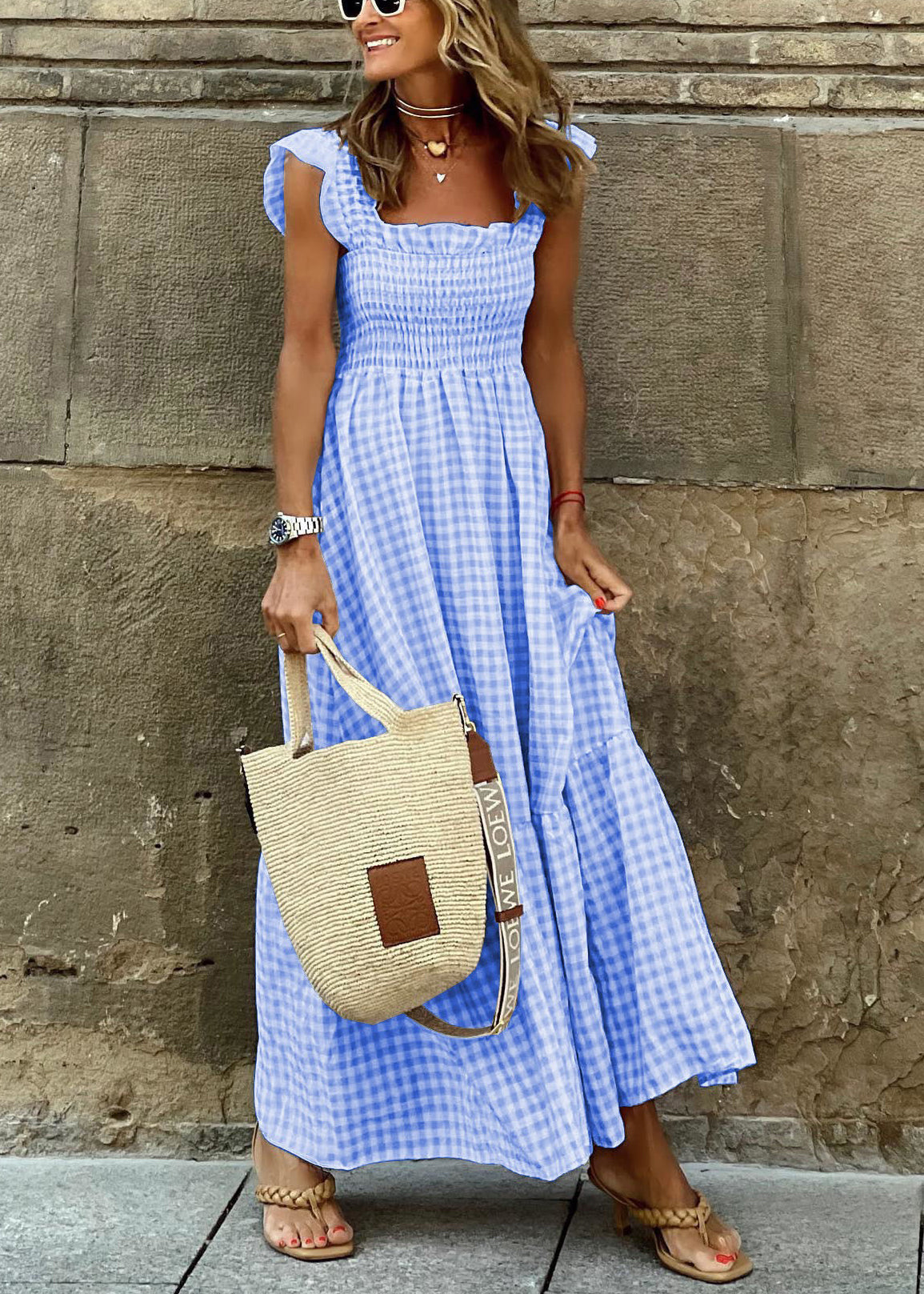 Stylish Red Plaid Cotton Robe Dresses Sleeveless TL007