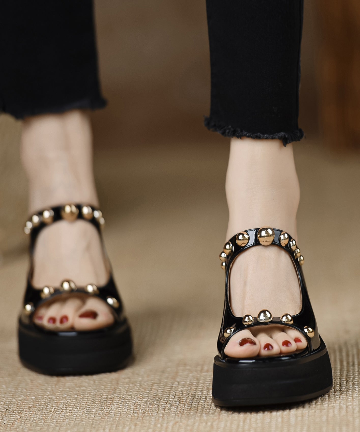 Rivet Leather Stylish Heel Cowhide Black Chunky Slide Splicing