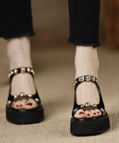 Rivet Leather Stylish Heel Cowhide Black Chunky Slide Splicing
