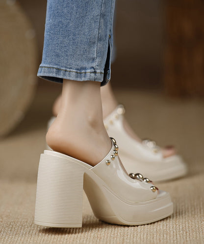 Rivet Leather Stylish Heel Cowhide Black Chunky Slide Splicing