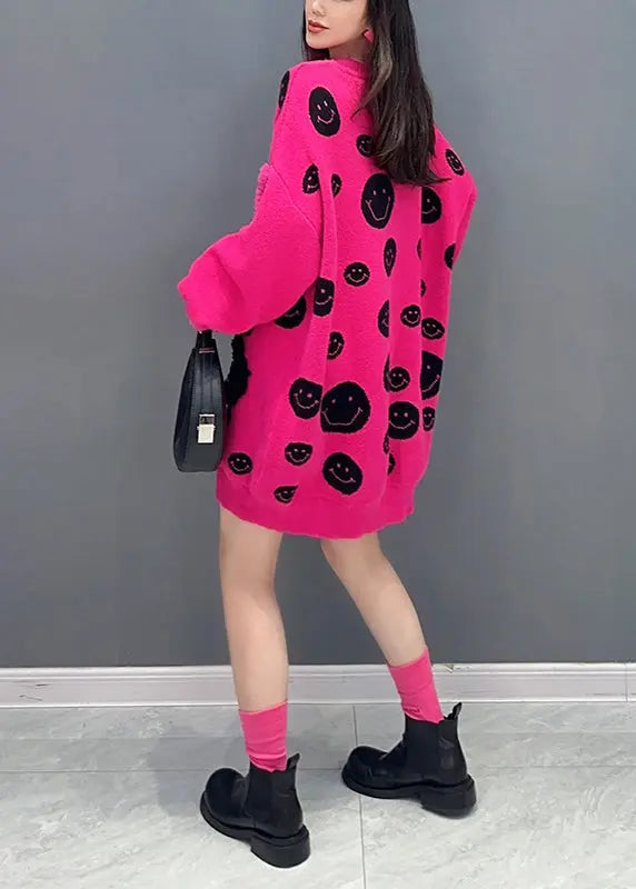 Stylish Rose O Neck Patchwork Knitted Sweaters Mid Dress Fall Ada Fashion