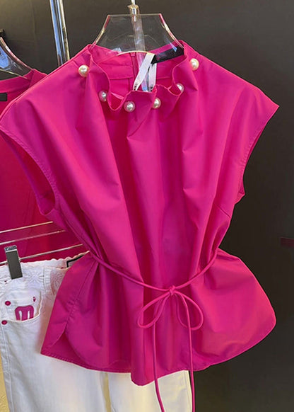 Pearl Waist Rose Summer Tie Stylish Tops Cotton