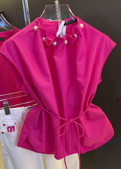 Pearl Waist Rose Summer Tie Stylish Tops Cotton