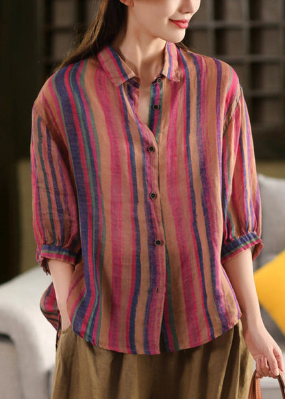 Rose Pan Peter Bracelet Linen Collar Shirts Stylish Striped