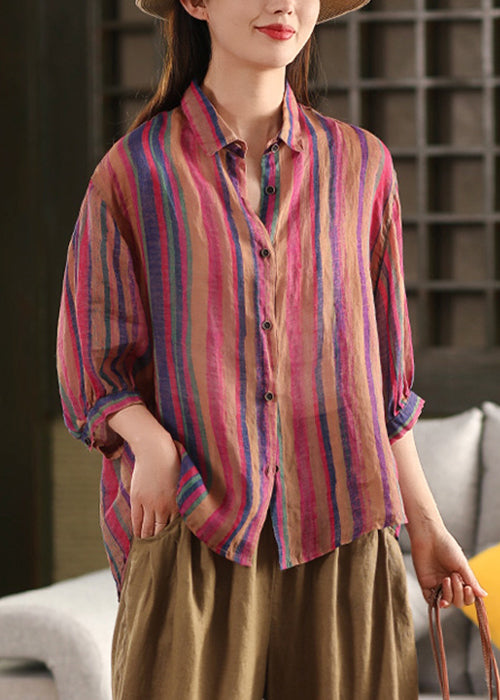 Rose Pan Peter Bracelet Linen Collar Shirts Stylish Striped