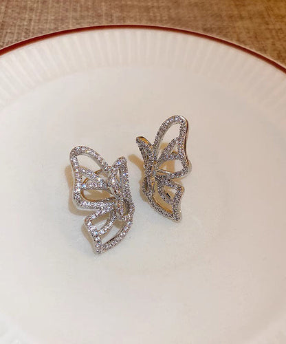 Stylish Silk Copper Zircon Butterfly Hollow Out Stud Earrings MM089