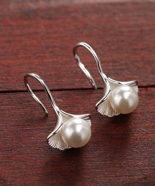 Stylish Leaves Earrings Silk Sterling Silver Stud Ginkgo Pearl