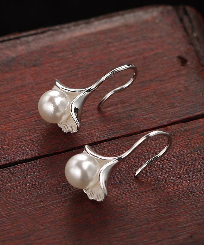 Stylish Leaves Earrings Silk Sterling Silver Stud Ginkgo Pearl