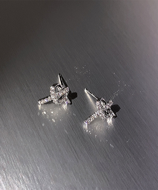 Stylish Silk Sterling Silver Zircon Love Stud Earrings GH1006