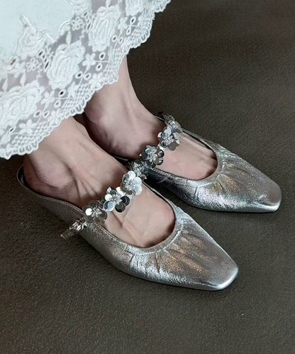 Slide Stylish Silver Leather Sandals Faux Splicing