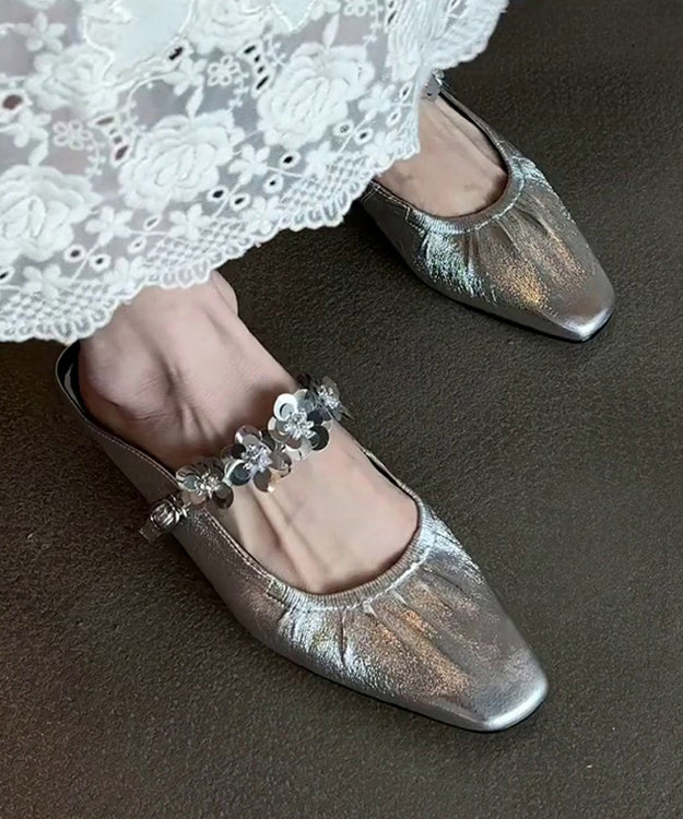 Slide Stylish Silver Leather Sandals Faux Splicing