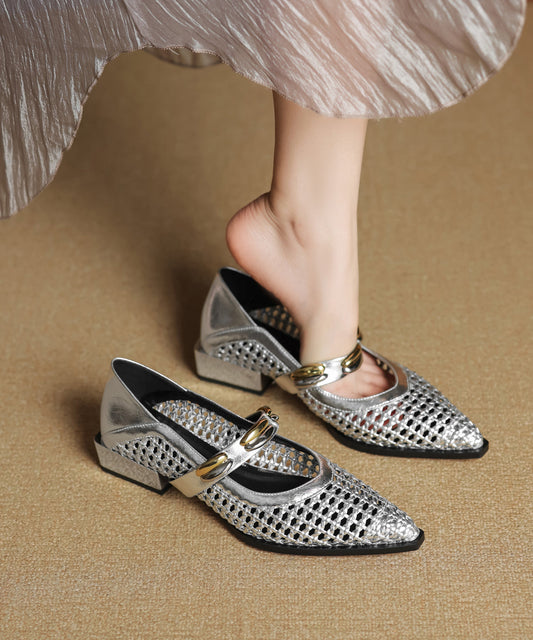 Stylish Cowhide Shoes Silver Hollow Out Splicing Flat Leather