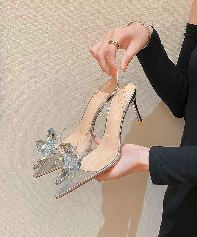 Pointed Stylish Silver Stiletto Splicing Crystal Sandals Toe