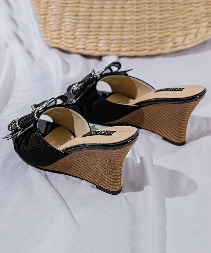 Toe Wedge Sandals Slide Stylish Black Splicing Peep Heels Bow