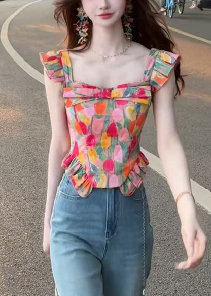 Square Summer Collar Stylish Tops Cotton Print