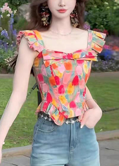 Square Summer Collar Stylish Tops Cotton Print