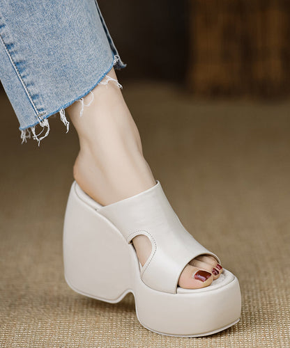 Leather Slide Stylish Heels Wedge Black Cowhide Sandals