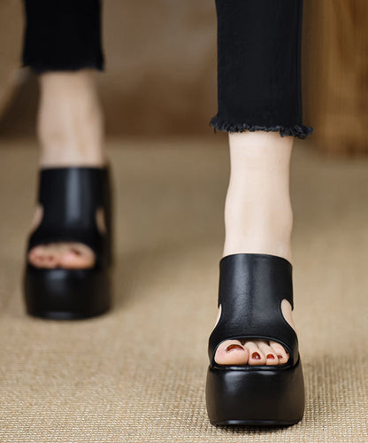 Leather Slide Stylish Heels Wedge Black Cowhide Sandals