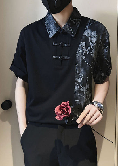 Print Cotton Asymmetrical Mens Polo Patchwork Stylish White