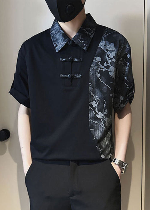 Print Cotton Asymmetrical Mens Polo Patchwork Stylish White