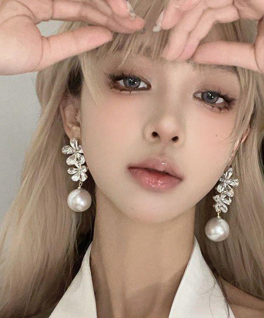 White Zircon Copper Floral Drop Earrings Pearl Overgild Stylish