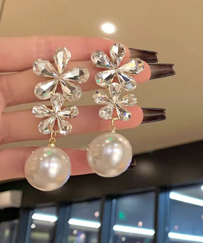 White Zircon Copper Floral Drop Earrings Pearl Overgild Stylish