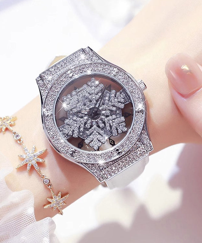 Waterproof Stylish Quartz Leather Zircon Watches Movement White
