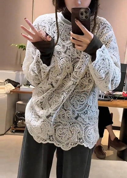 T O-Neck Spring Hollow White Out Shirt Lace Stylish