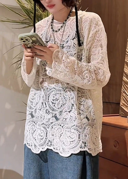 T O-Neck Spring Hollow White Out Shirt Lace Stylish