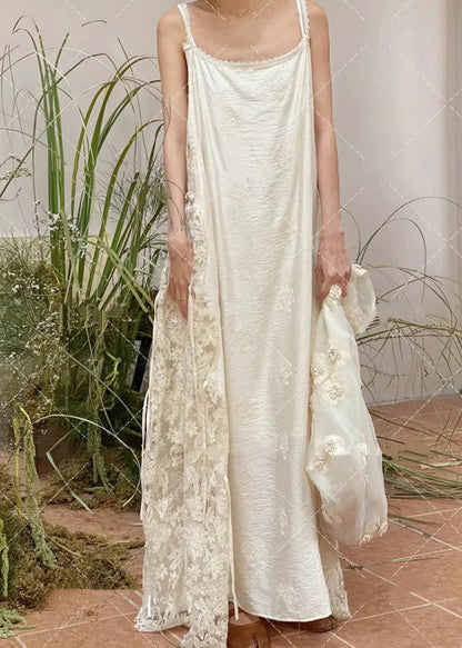 Patchwork Lace Spaghetti Oversized Dress Strap White Stylish