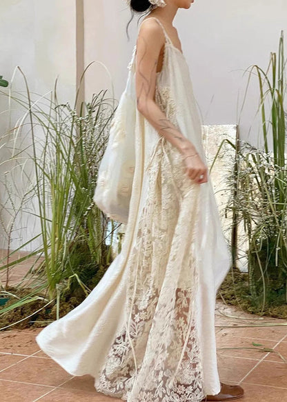 Patchwork Lace Spaghetti Oversized Dress Strap White Stylish