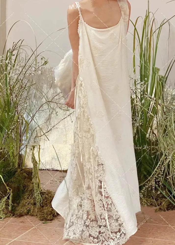 Patchwork Lace Spaghetti Oversized Dress Strap White Stylish