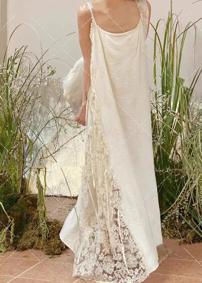 Patchwork Lace Spaghetti Oversized Dress Strap White Stylish