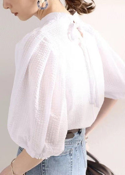 Stylish Cotton Puff Blouses Sleeve White Jacquard