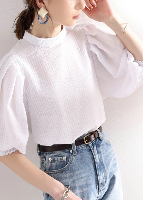 Stylish Cotton Puff Blouses Sleeve White Jacquard