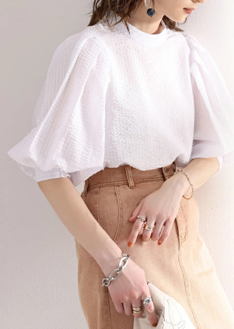 Stylish Cotton Puff Blouses Sleeve White Jacquard