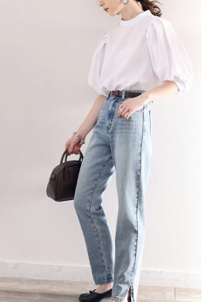 Stylish Cotton Puff Blouses Sleeve White Jacquard