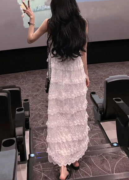 Stylish White Ruffled Side Open Lace Spaghetti Strap Dress Sleeveless KK060